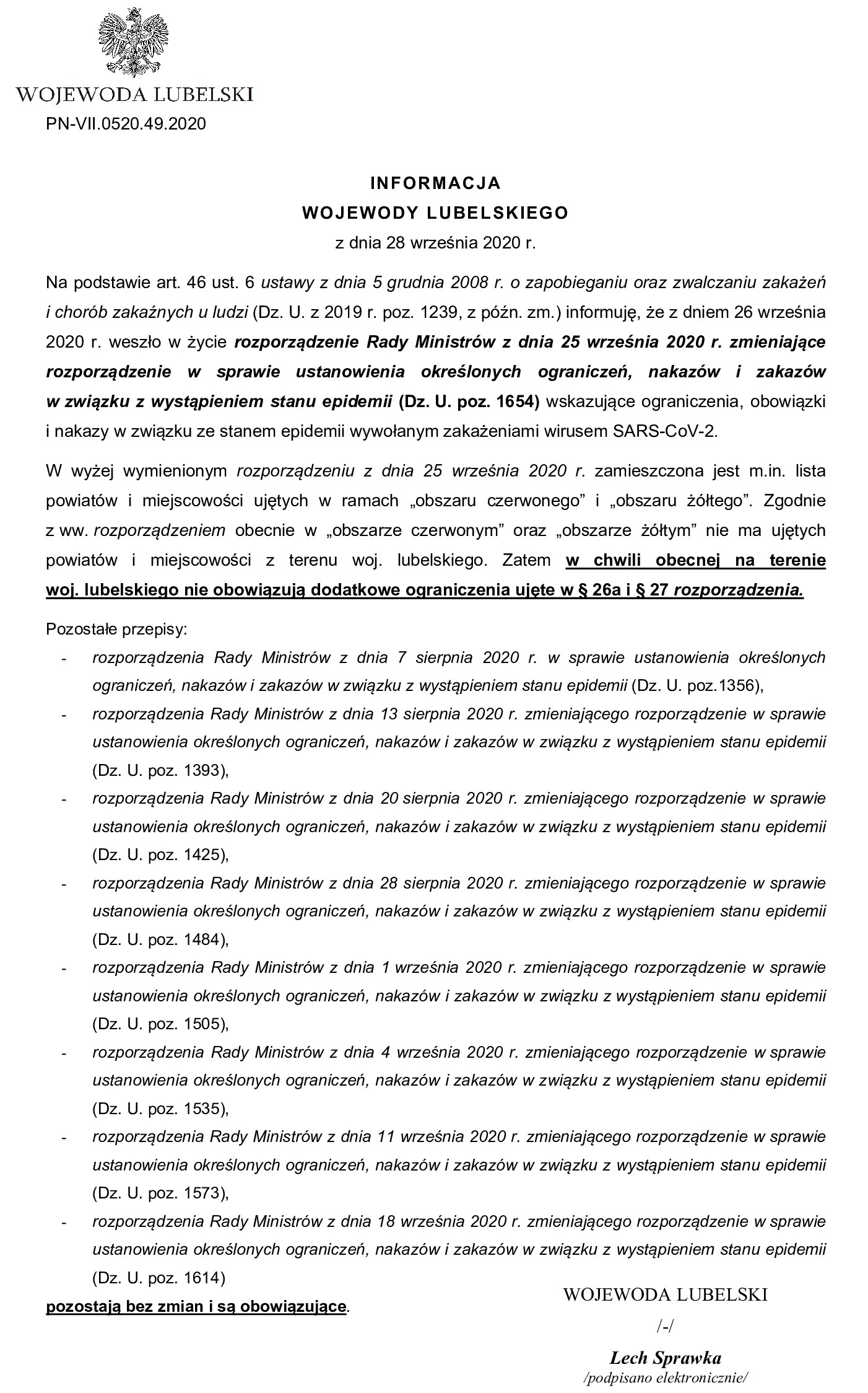 informacja Wojewody z 28.09.2020 r