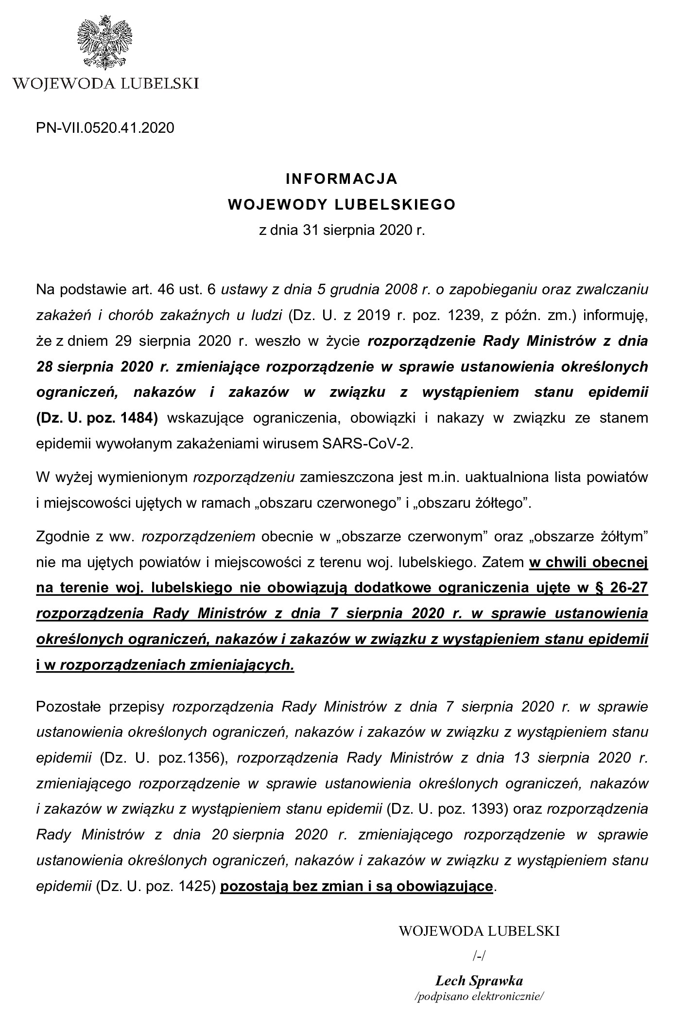 informacja Wojewody z 31.08.2020